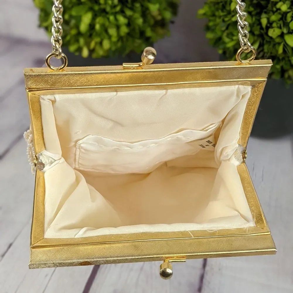 Vintage Hand Beaded Sequin Ivory Clutch Evening Purse by Laura